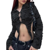 Lace Black Buttons Turn Down Neck Irregular Bodycon